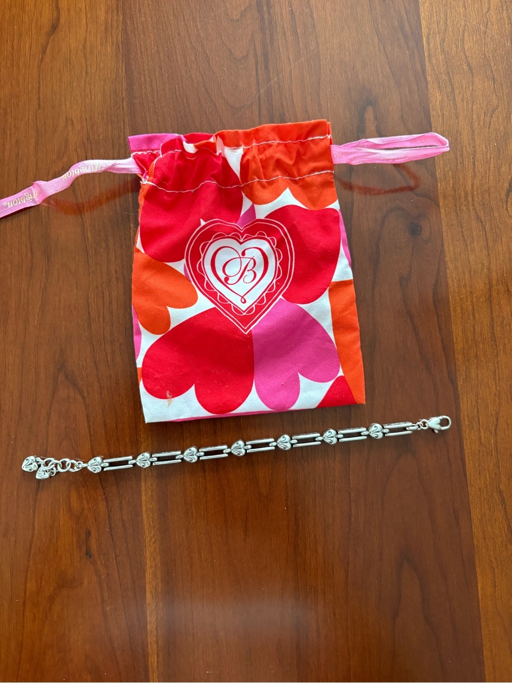 Brighton Silver Link Bracelet with Heart Charm and Pink/Red/Orange Pouch